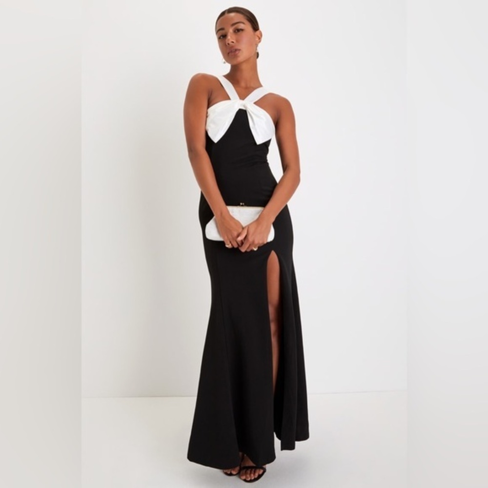 NEW Lulus Luxurious Outlook Black and White Bow Mermaid Maxi Dress